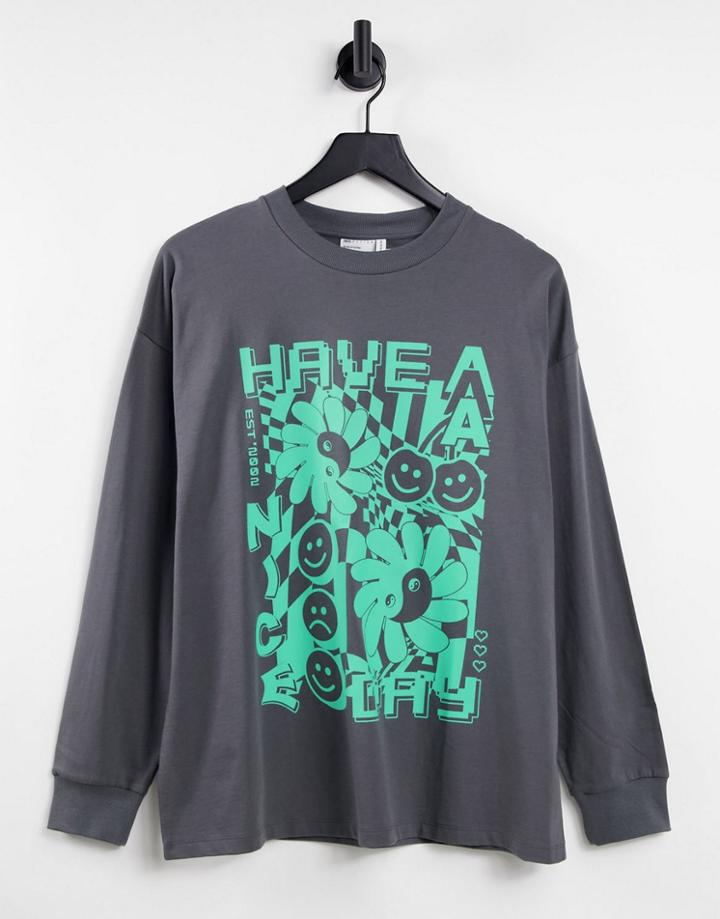 Asos Design Oversized Graphic T-shirt With Have A Nice Day With Long Sleeve In Charcoal-gray