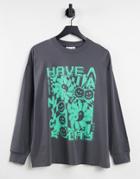 Asos Design Oversized Graphic T-shirt With Have A Nice Day With Long Sleeve In Charcoal-gray