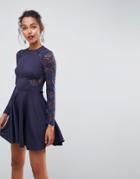 Asos Premium Mini Scuba Skater Dress With Lace Sleeves - Navy