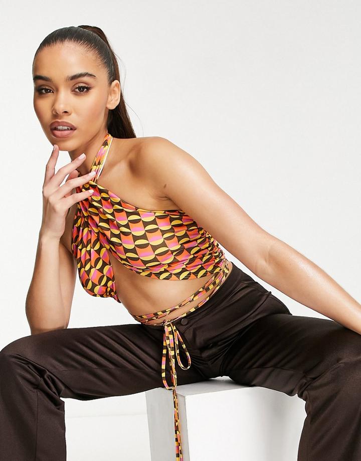 First Distraction The Label Tie Front Halter Crop Top In Geo Print-multi