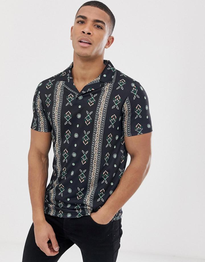 Asos Design Polo With All Over Paisley Print And Revere Collar-black