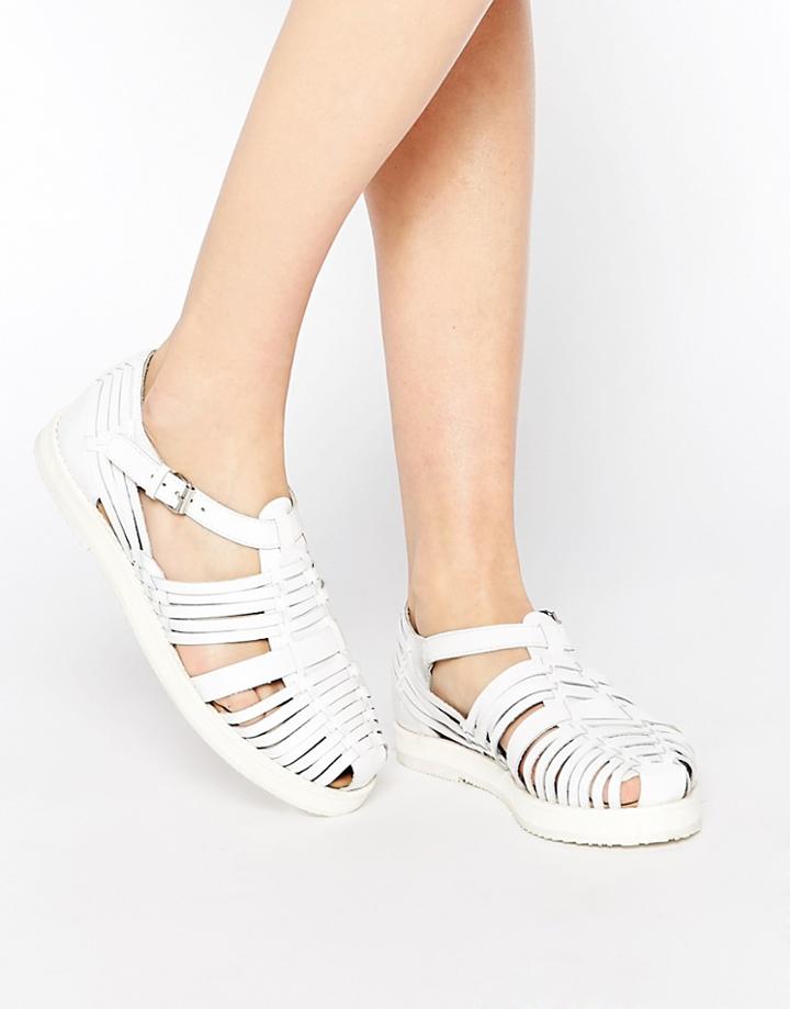 Park Lane T Bar Chunky Leather Flat Shoes - White