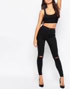 Asos Rivington High Waist Denim Jegging In Black With Two Ripped Knees - Washed Black