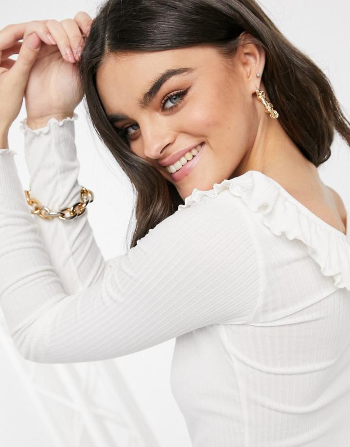 Vero Moda Ribbed Wide Neck Top With Ruffles In White