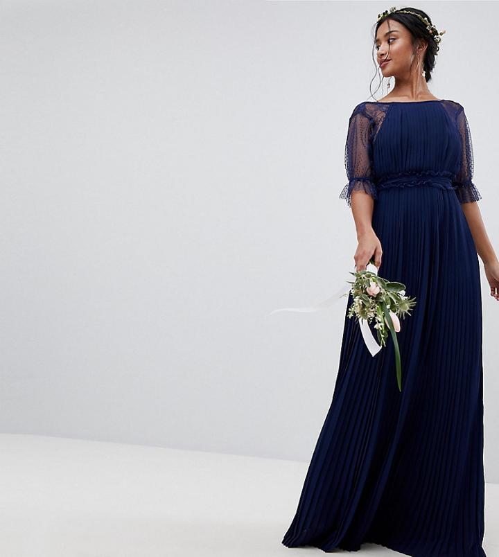 Tfnc Petite Pleated Maxi Bridesmaid Dress With Spot Mesh Frill Detail - Navy
