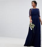 Tfnc Petite Pleated Maxi Bridesmaid Dress With Spot Mesh Frill Detail - Navy