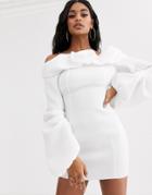 Asos Design Off Shoulder Bubble Long Sleeve Mini Dress-white