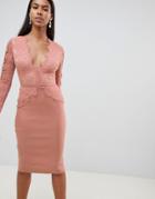 Rare London Limited Edition Long Sleeve Eyelash Lace Midi Dress - Cream