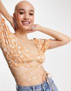 Pull & Bear Wrap Around Cropped Blouse In Red With Star Print-pink