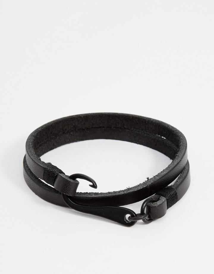 Seven London Hook Leather Wrap Bracelet In Black - Black