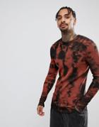 Asos Longline Muscle Long Sleeve T-shirt In Waffle With Tie Dye Wash - Red