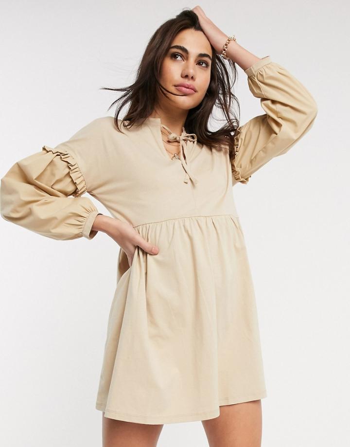 River Island Long Sleeve Poplin Tiered Mini Dress In Beige-neutral