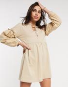 River Island Long Sleeve Poplin Tiered Mini Dress In Beige-neutral