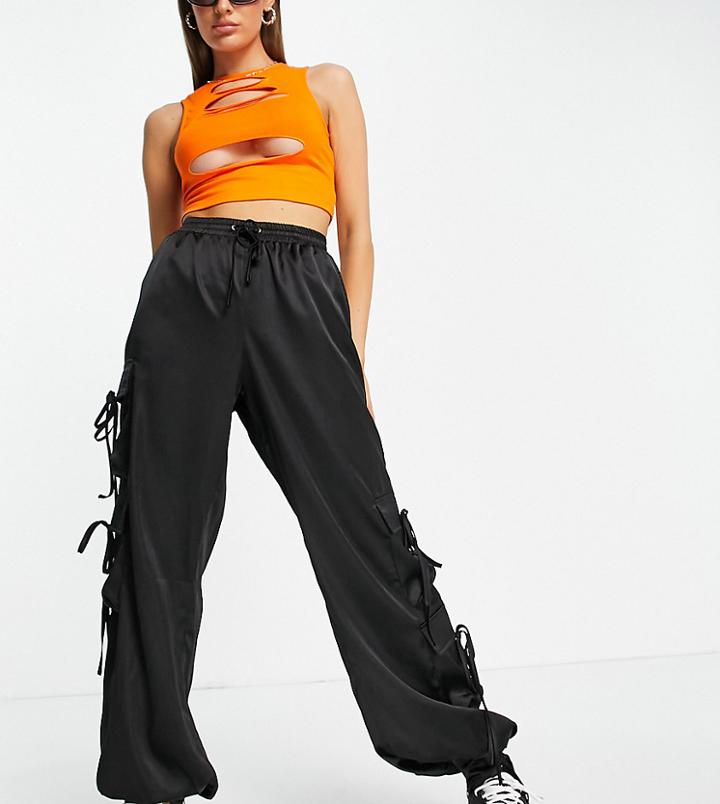 Missguided Satin Cargo Pants With Tie Cuff Detail In Black