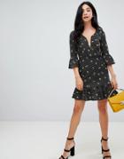 Asos Design Mini Dress With Plunge In Spot And Floral-multi