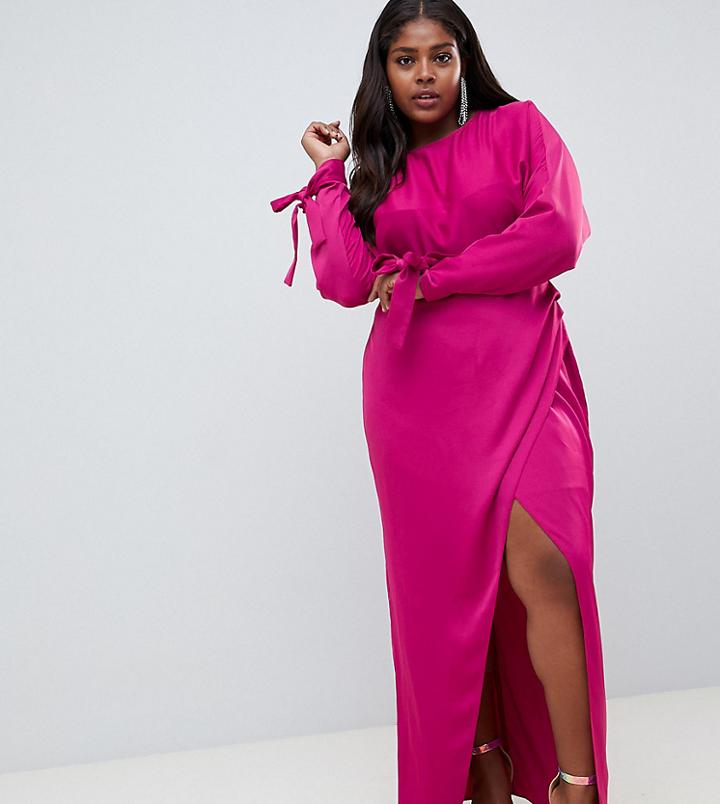 Asos Design Curve Satin Batwing Sleeve Maxi Dress - Red