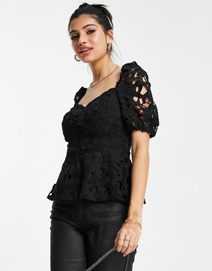 Lipsy Lace Fluted Hem Puff Sleeve Top In Black