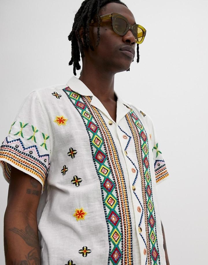 Asos Design Regular Fit Geo-tribal Hand Embroidered & Embellished Shirt With Revere Collar - White