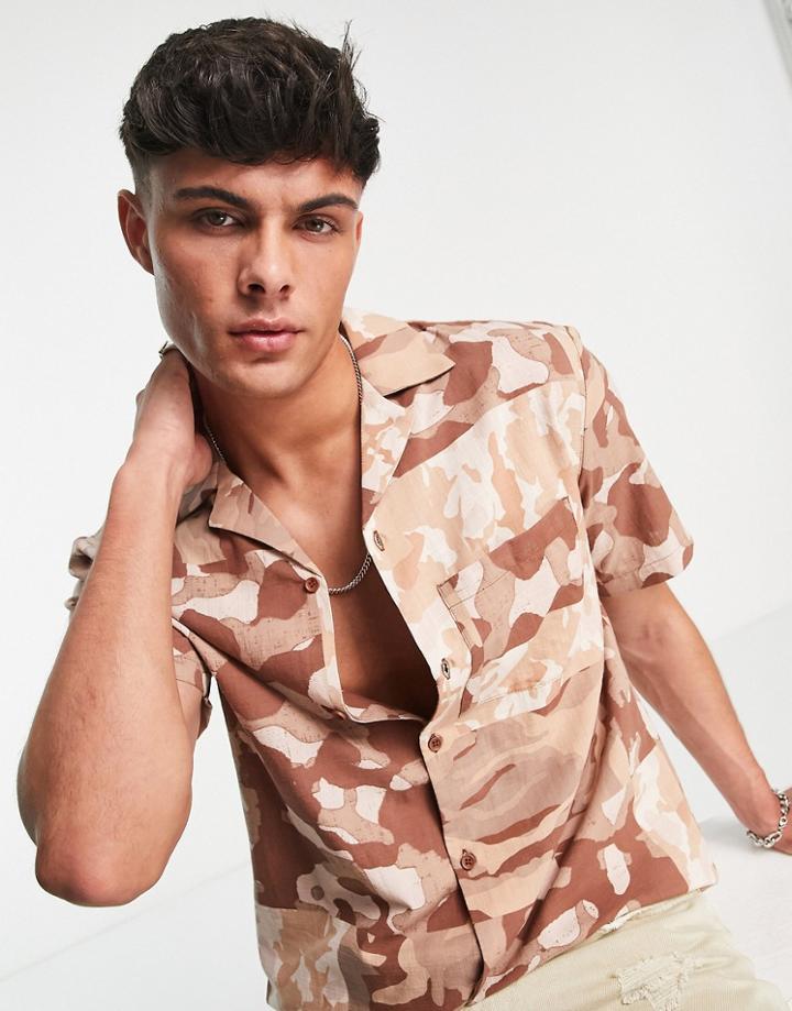 River Island Short Sleeve Camo Patchwork Shirt In Brown