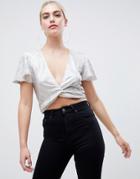Asos Design Wrap Top With Plunge Twist Front In Silver Metallic Plisse - Silver