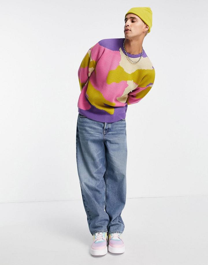 Asos Design Oversized Sweater With Camo Pattern In Pink
