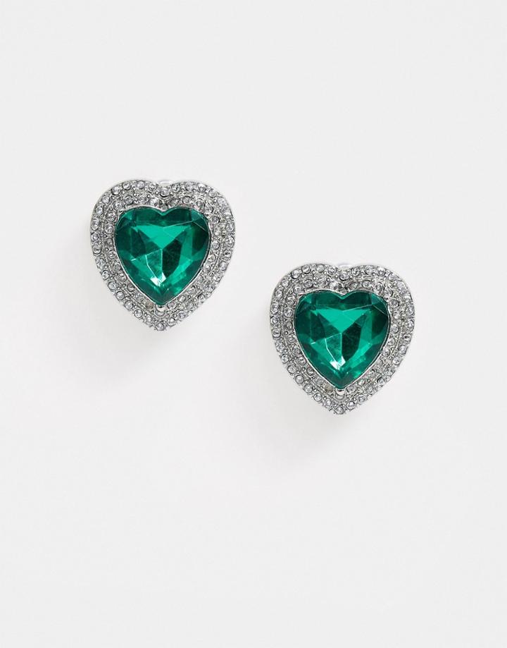 Asos Design Earrings With Emerald Green Jewel Heart In Silver Tone