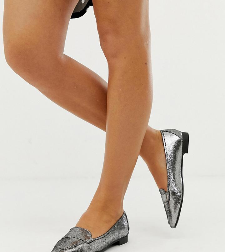 New Look Wide Fit Loafer In Cracked Silver - Silver