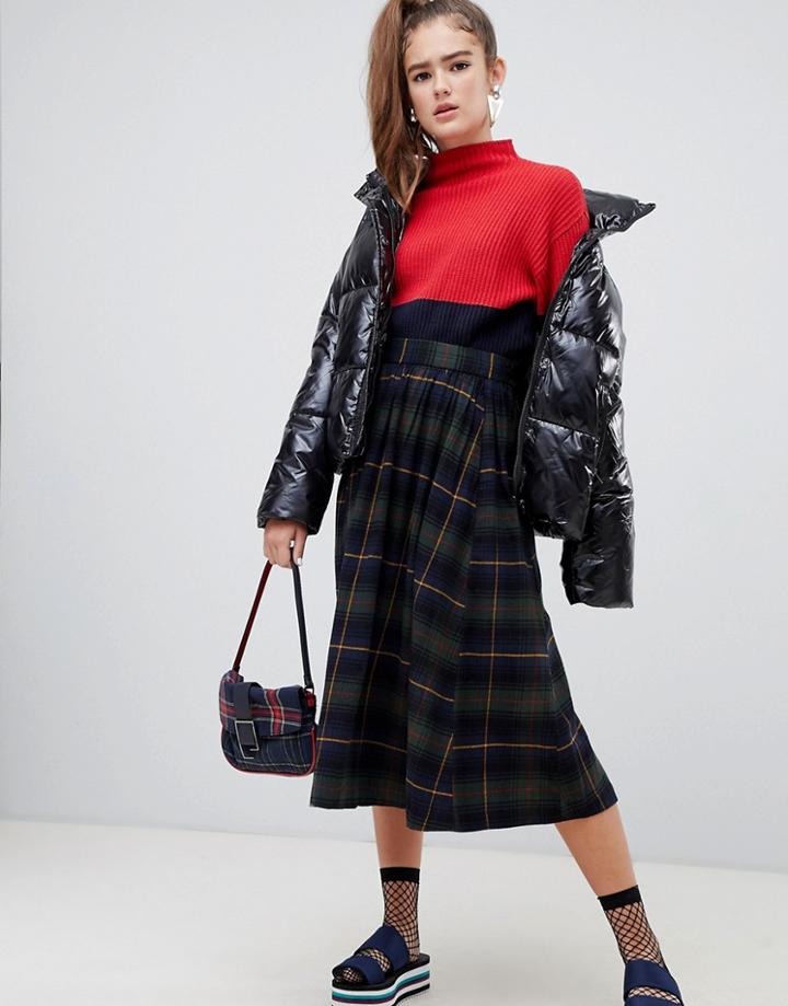 Monki Plaid Print Midi Skirt In Navy And Green - Multi