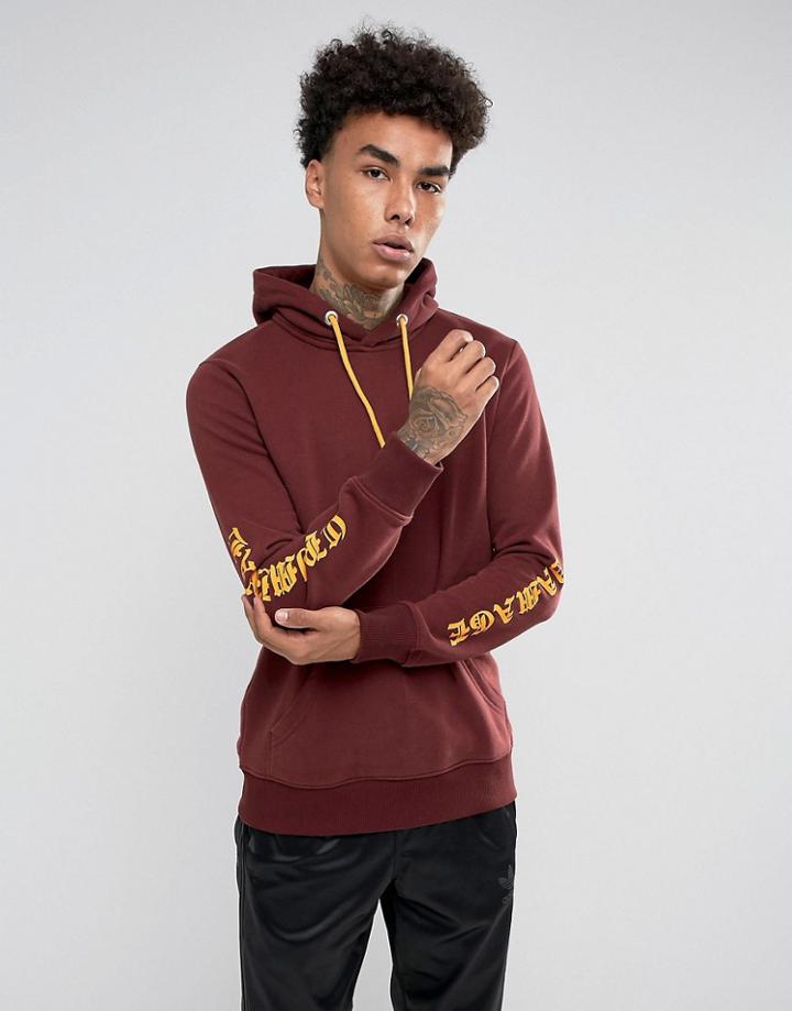 Criminal Damage Hoodie In Burgundy With Sleeve Print-red