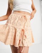 Asos Design Broderie Tiered Mini Skirt With Tie Detail In Apricot-orange