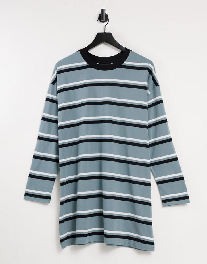 Asos Design Oversized Long Sleeve T-shirt Dress In Dusty Blue, Black And White Stripe-blues