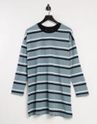 Asos Design Oversized Long Sleeve T-shirt Dress In Dusty Blue, Black And White Stripe-blues