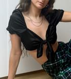 Collusion Satin Tie Front 90s Crop Top In Black