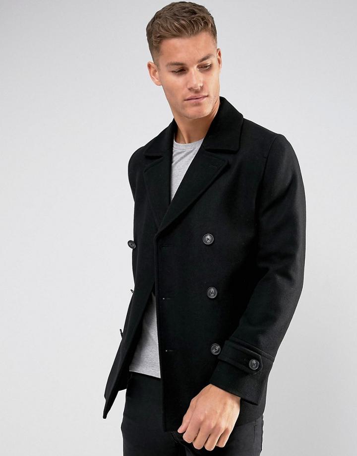 Asos Design Wool Mix Peacoat In Black - Black