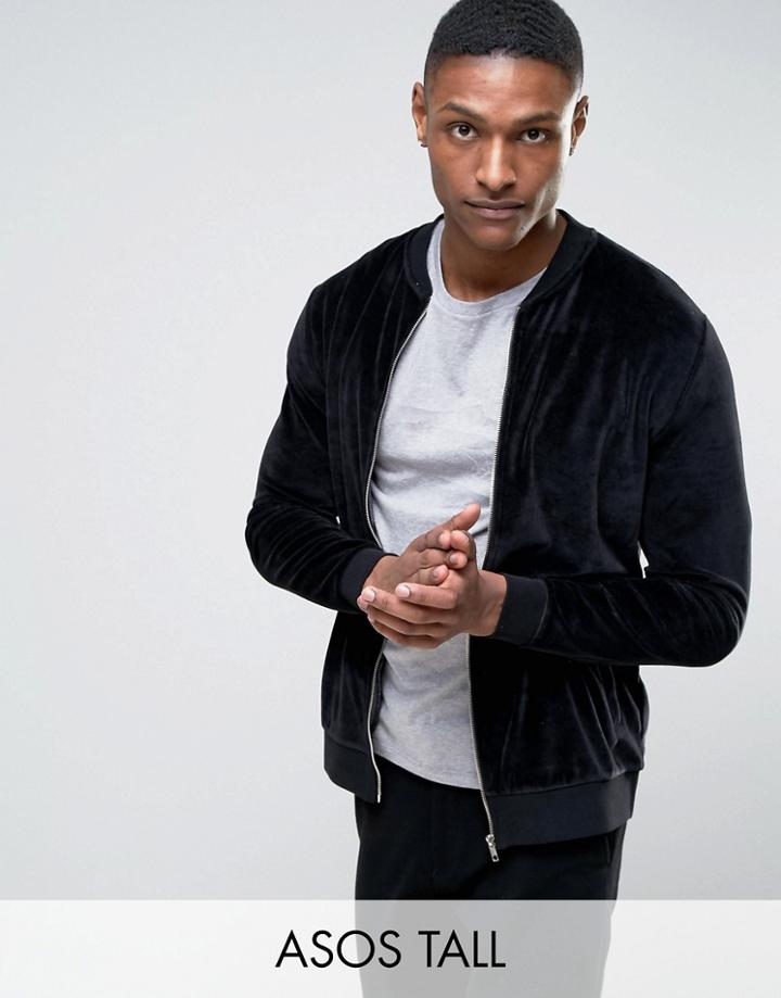 Asos Tall Bomber Jacket In Velour - Black