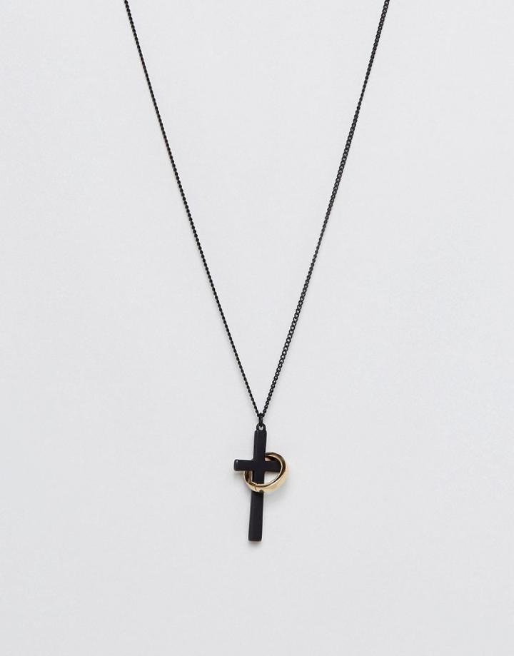 Chained & Able Cross And Ring Pendant Necklace In Black & Gold - Black