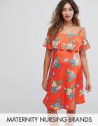 & You Nursing Floral Print Cold Shoulder Tea Dress - Red