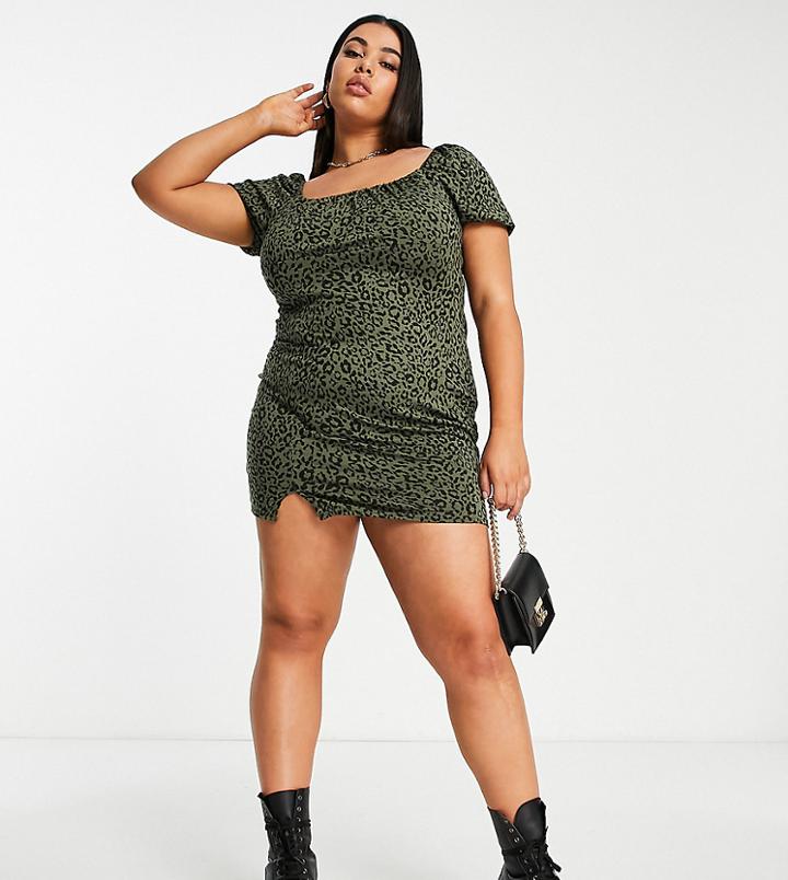 Missguided Plus Jersey Milkmaid Mini Dress In Leopard Print Khaki-green