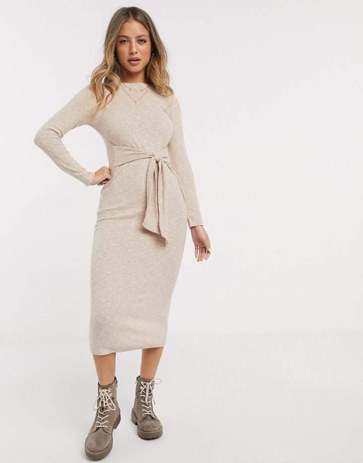 Miss Selfridge Ribbed Midi Dress In Camel-brown