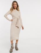 Miss Selfridge Ribbed Midi Dress In Camel-brown