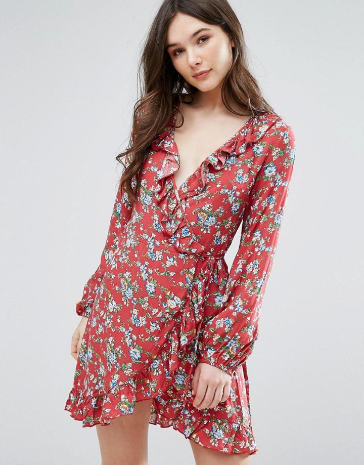 Qed London Frill Wrap Dress - Red