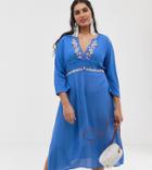 En Creme Plus Midi Dress With Plunge Front And Embroidered Detail - Blue