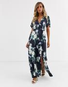 Asos Design Floral Flutter Sleeve Maxi Dress With Tassle Belt-multi