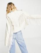 Asos Design Faux Leather Fringed Biker Jacket In White