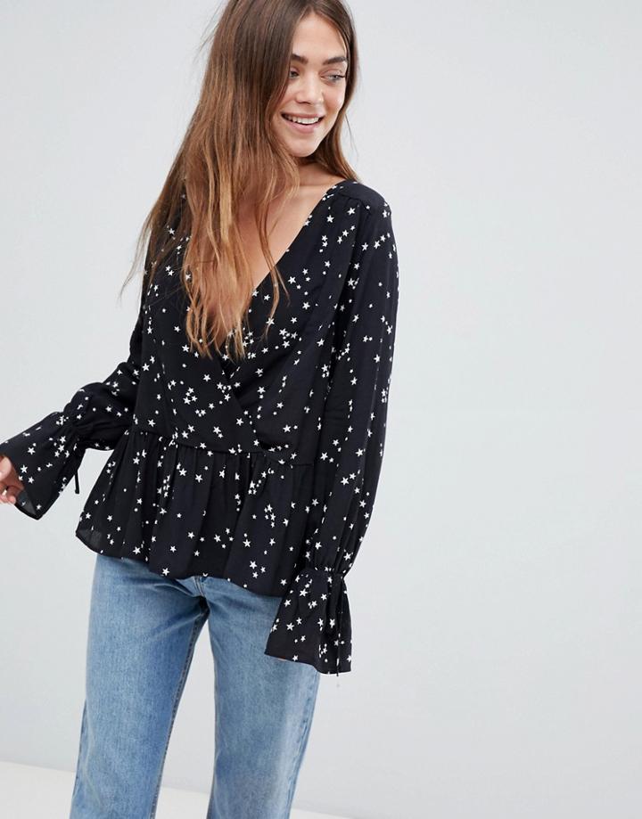 Asos Design Oversized Wrap Blouse With Dip Hem Is Star Print - Multi