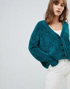 Asos Design Cropped Cardigan In Chenille With Buttons - Green