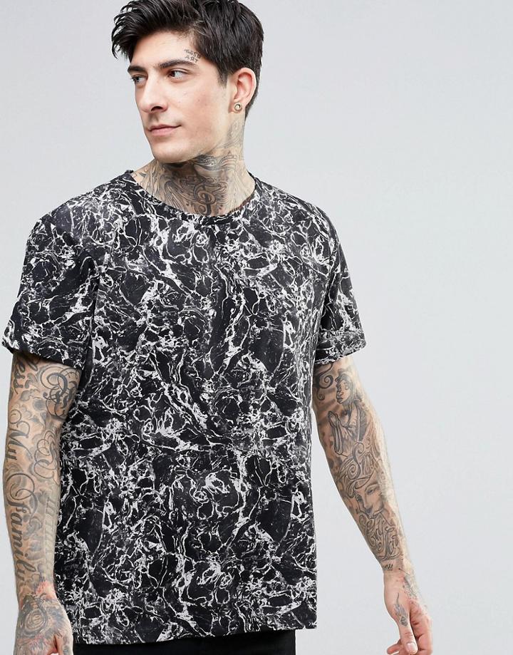 Dr Denim Russ All Over Oil Print T-shirt In Black - Black Oil