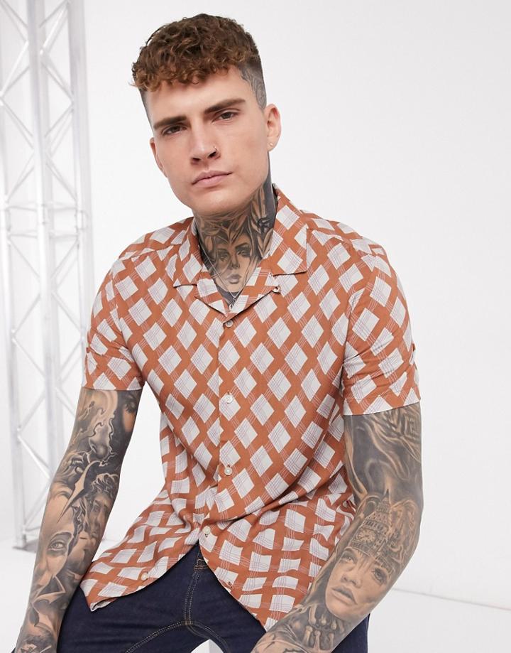 Topman Shirt With Revere Collar & Geo Print In Brown