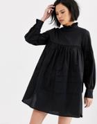 Only Cotton Smock Mini Dress With Ruffle Neck-black