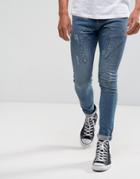 Asos Super Skinny Jeans In Mid Wash Blue With Lightning Bolt Detail - Blue